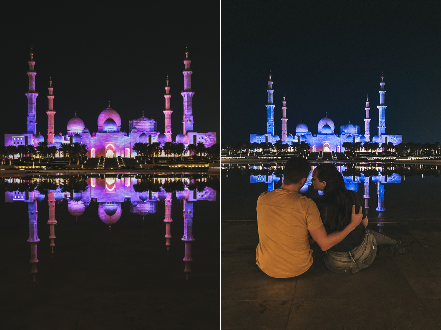 Fotomotiv Sheikh Zayed Moschee nachts Ausblick von Wahat Al Karama