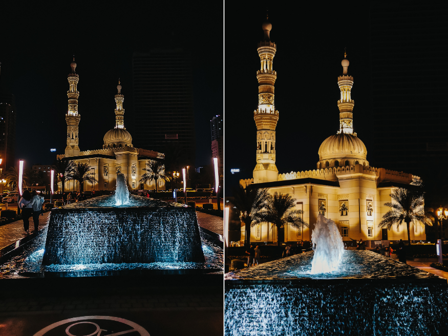 Al Majaz Waterfront Wasserspiel mit Moschee Dubai