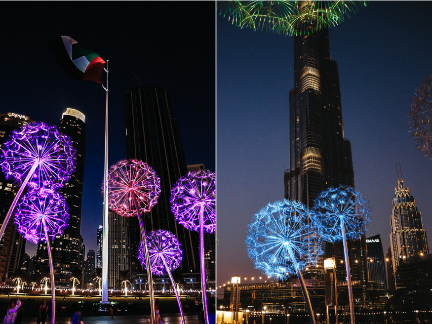 Dandelion Light Sculpture Dubai nachts beleuchtet Fotomotiv